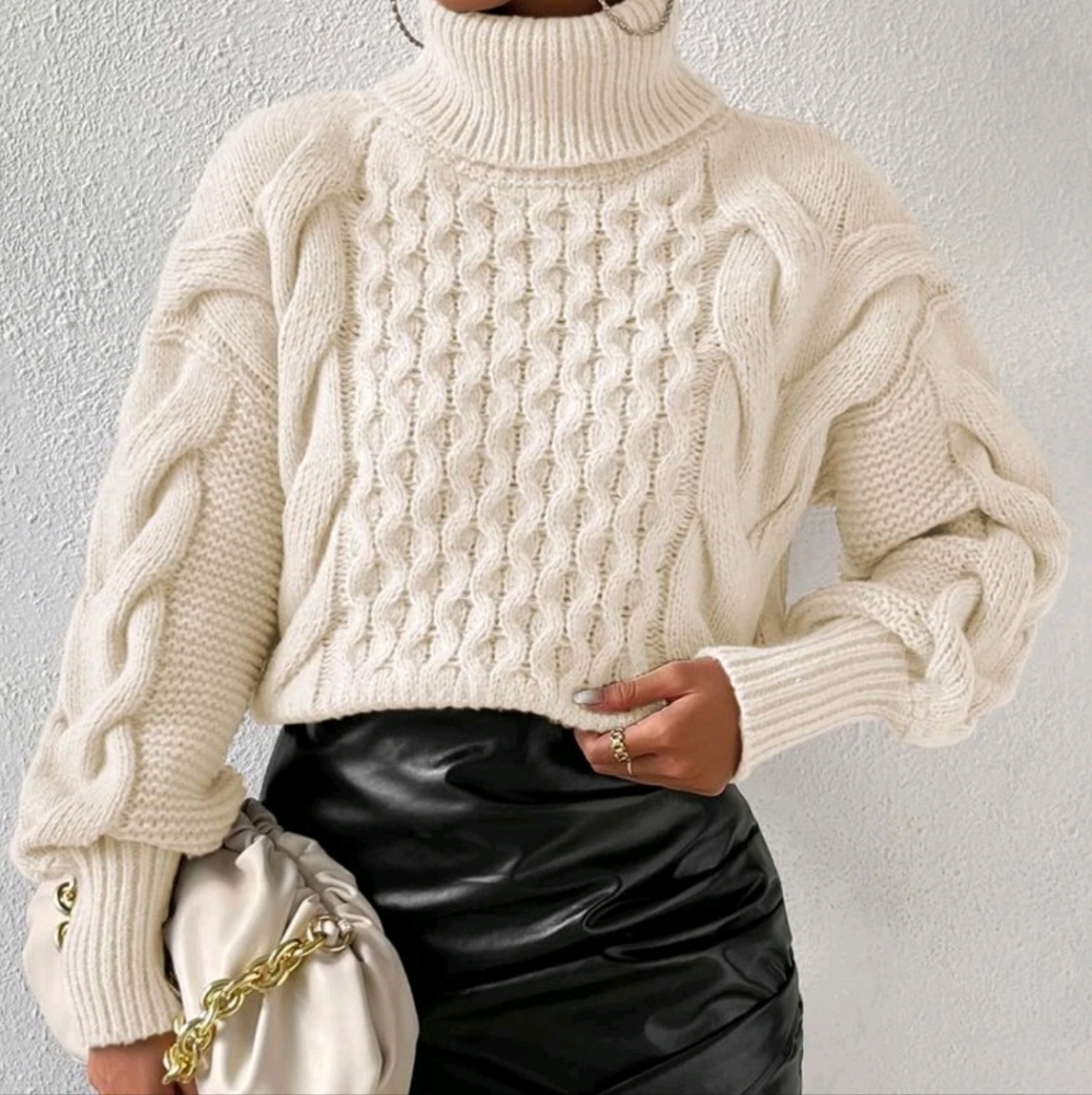 Turtleneck Cable Knit Drop Shoulder Sweater - Picture 3 of 5